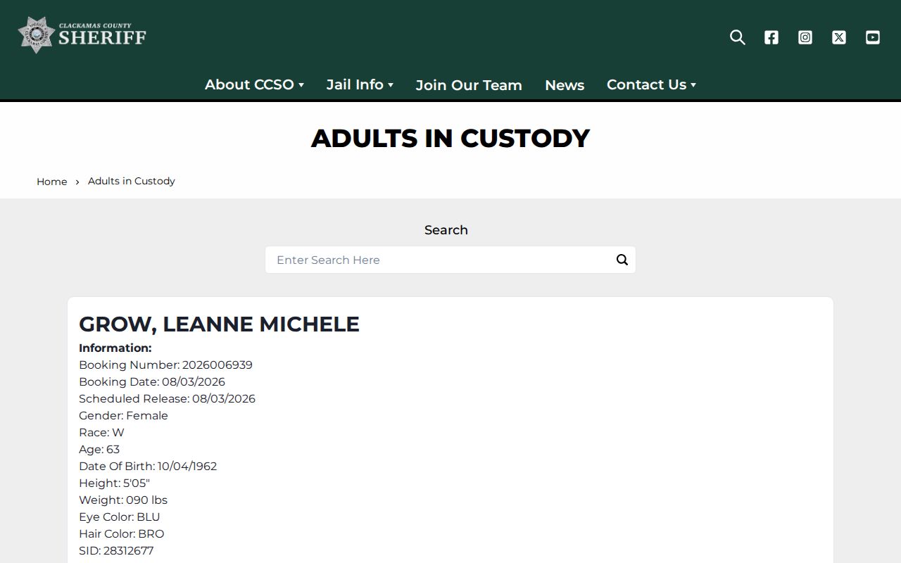 Clackamas County arrest history Adults in Custody search