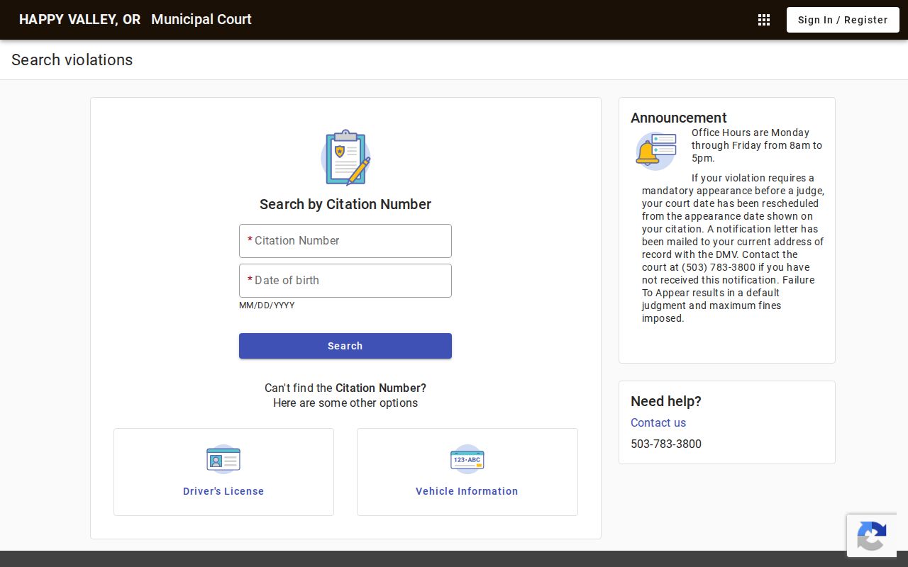 Happy Valley Municipal Court citation lookup fields