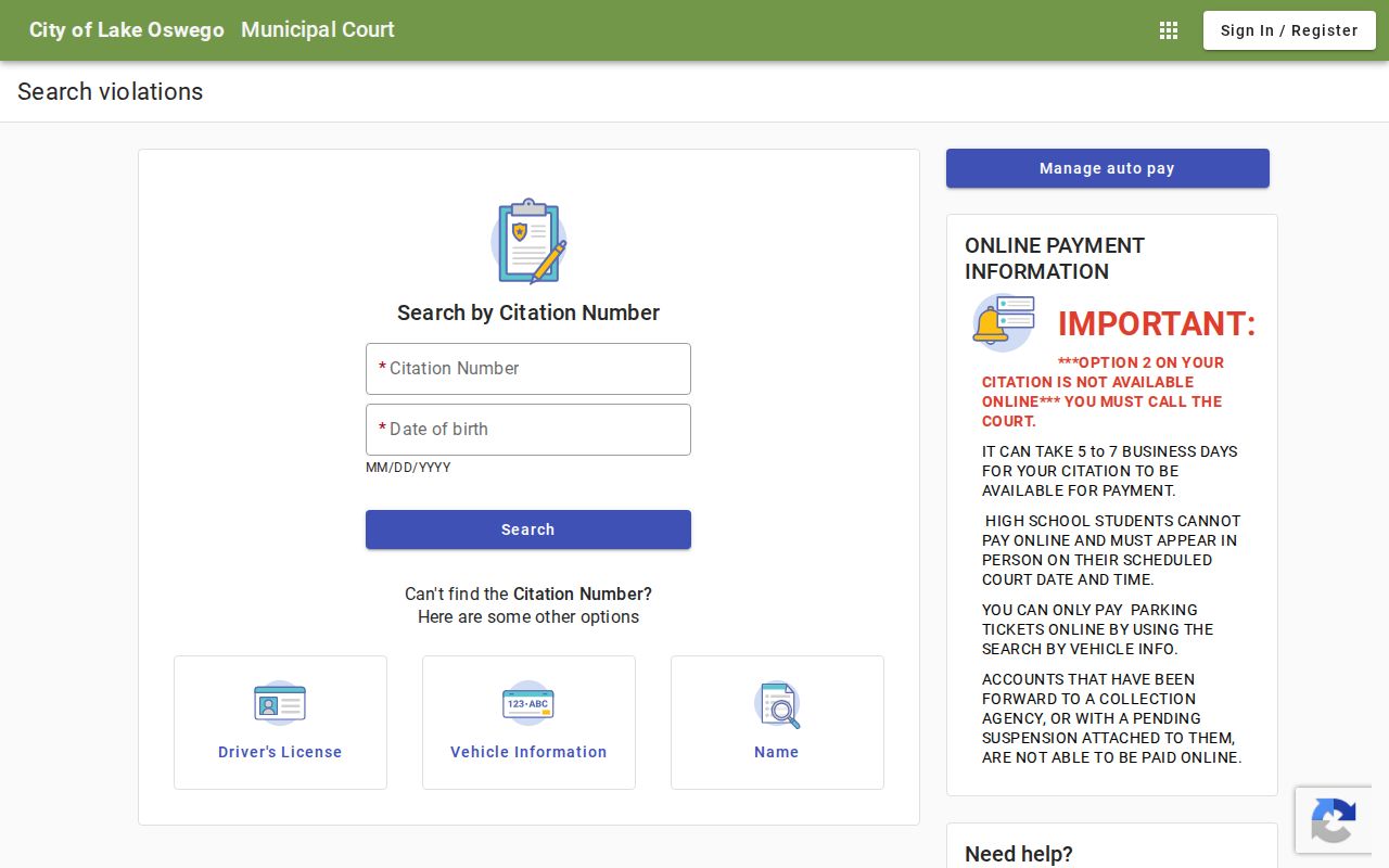 Lake Oswego criminal history municipal citation search