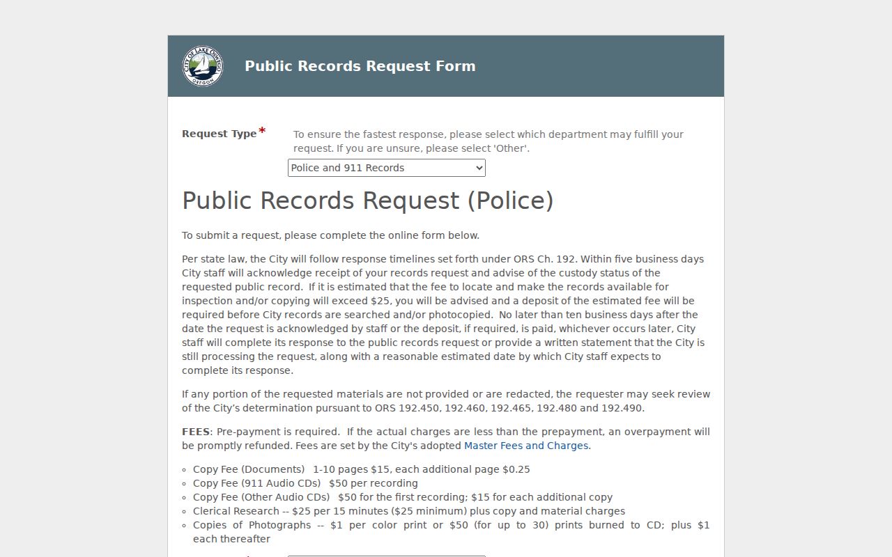 Lake Oswego criminal records police request