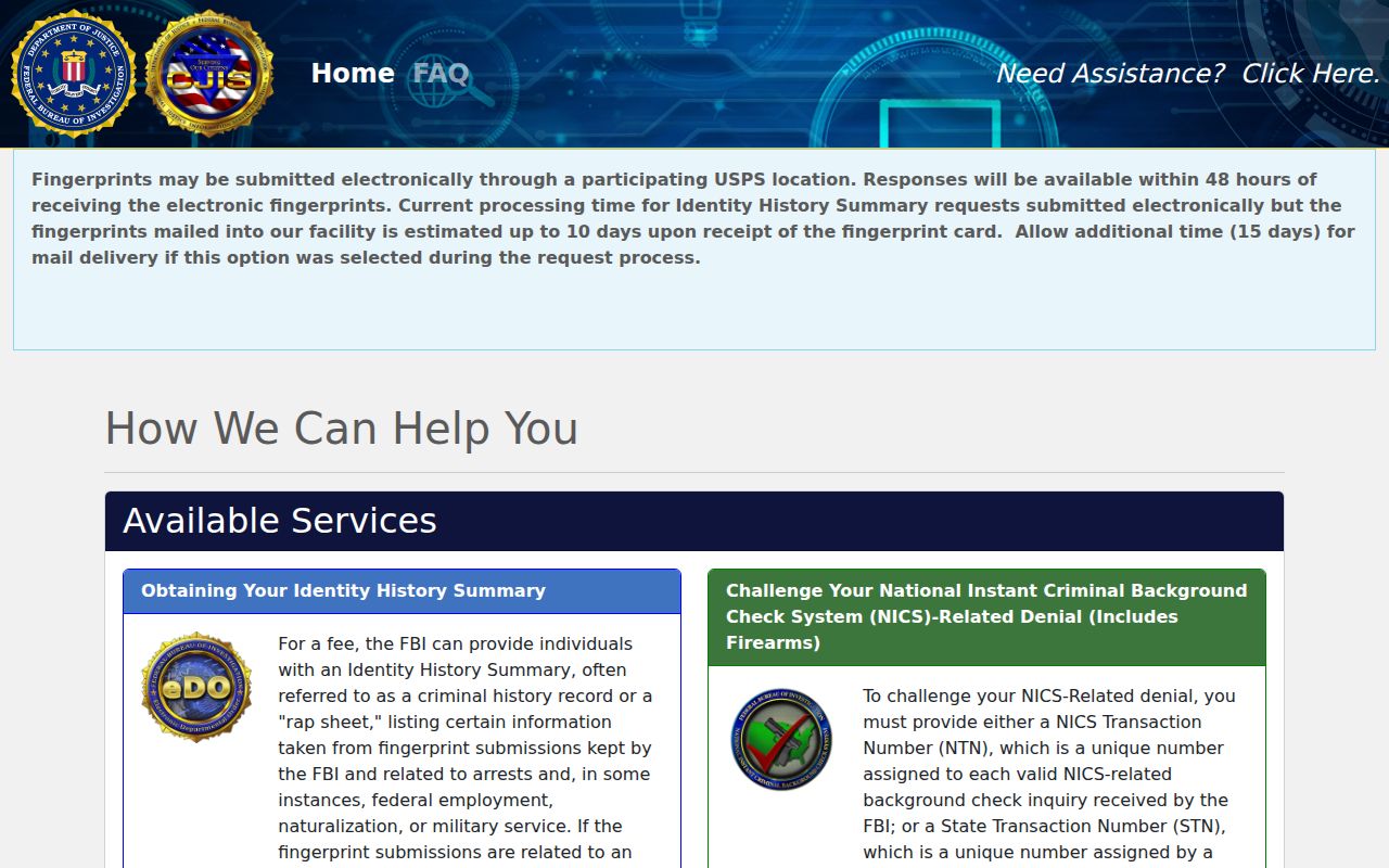 FBI electronic Identity History Summary request system