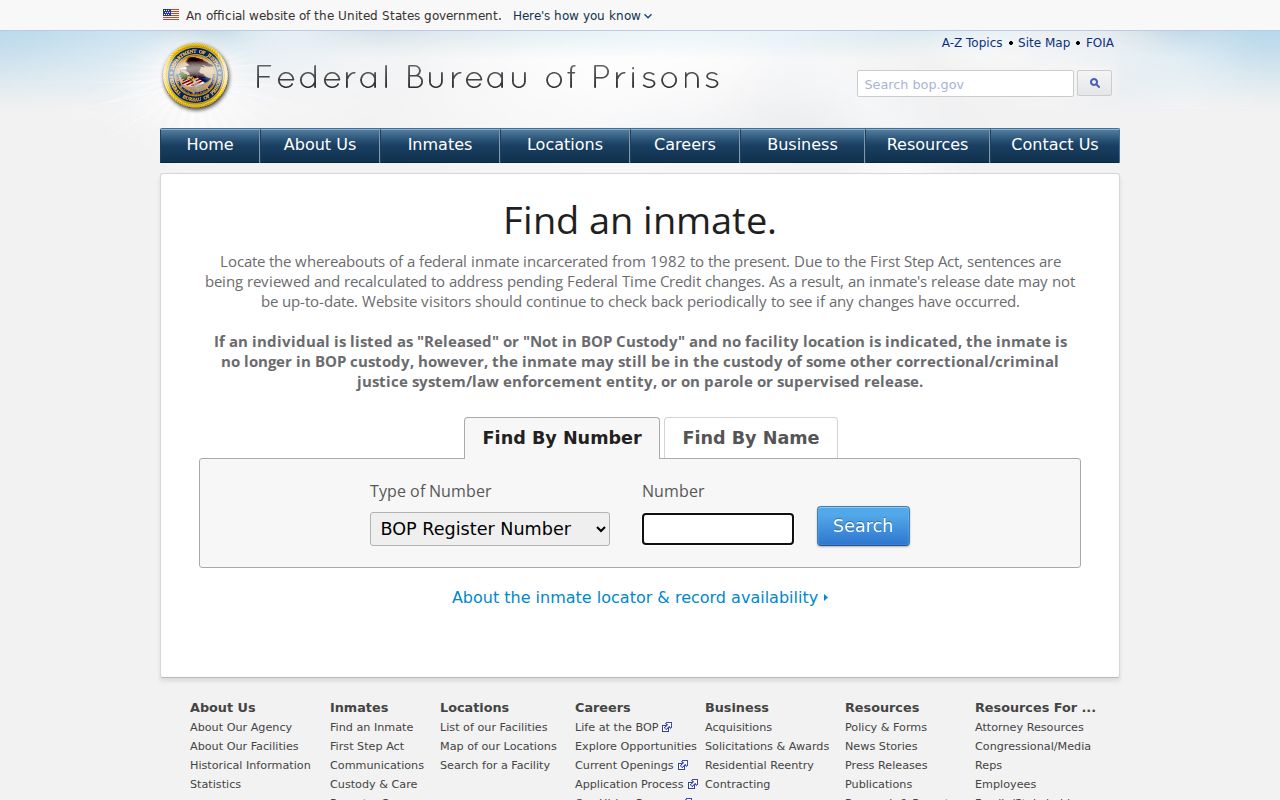 Federal Bureau of Prisons inmate locator for federal custody