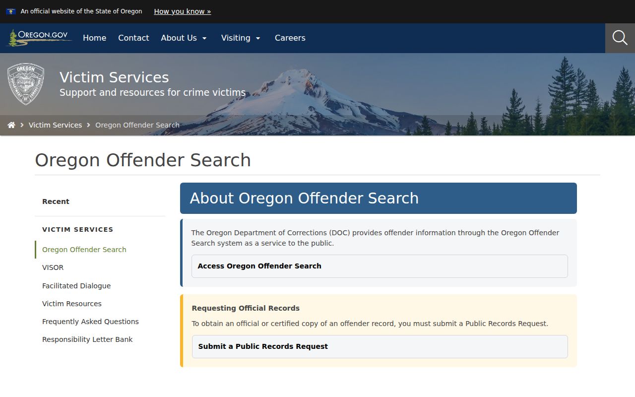 Oregon Offender Search gateway for state correctional records