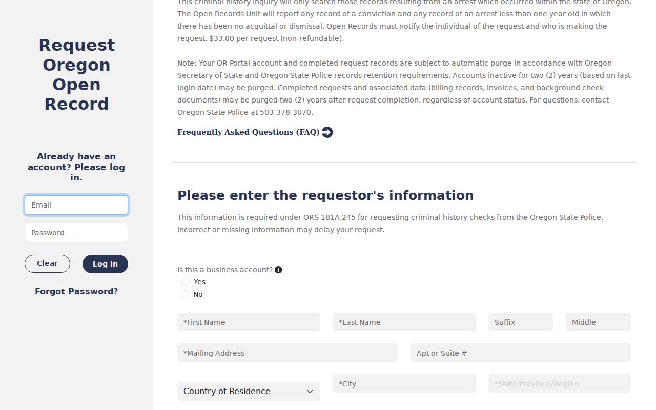 Oregon Open Records portal used for statewide criminal history requests
