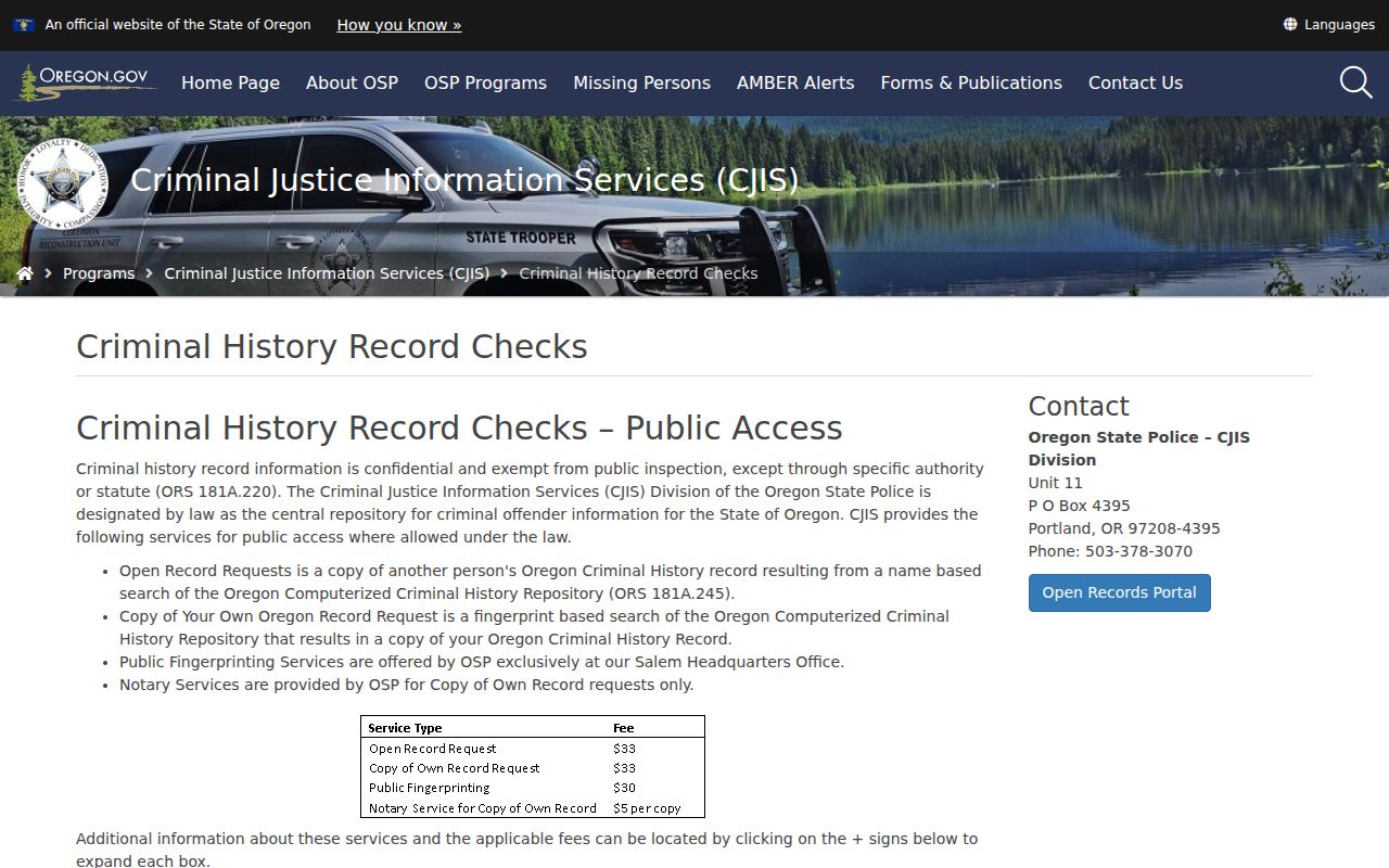Oregon State Police criminal history record options